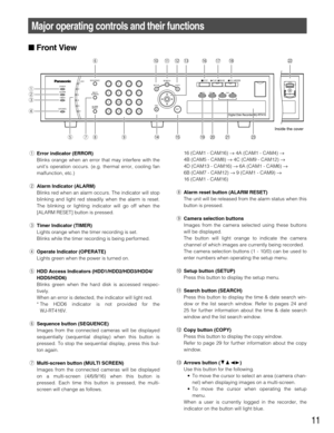 Page 1111
Major operating controls and their functions
ERROR
ALARM
TIMER
OPERATE
HDD1
2
3
4
5
6SEQUENCE
SETUP COPYSEARCH
ESC
SET MULTI
SCREEN
ALARM
RESET1
5
9
13
234
678
10/01112
141516
+–SKIP FWD REV
STOP PLAY PAUSE RECREC STOPCOPY2
y!0!1!6!7!8@2 !2!3
q
w
e
r
tui o!4!5!9@0@1@3
Inside the cover
Digital Disk Recorder WJ-RT416
qError indicator (ERROR)
Blinks orange when an error that may interfere with the
unit’s operation occurs. (e.g. thermal error, cooling fan
malfunction, etc.) 
wAlarm Indicator (ALARM)...