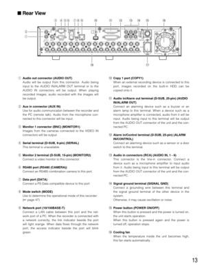 Page 1313
qAudio out connector (AUDIO OUT)
Audio will be output from this connector. Audio being
input to the AUDIO IN/ALARM OUT terminal or to the
AUDIO IN connectors will be output. When playing
recorded images, audio recorded with the images will
be output.
wAux in connector (AUX IN) 
Use for audio communication between the recorder and
the PC (remote talk). Audio from the microphone con-
nected to this connector will be input.
eMonitor 1 connector (BNC) (MONITOR1)
Images from the cameras connected to the...