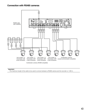 Page 4343
Connection with RS485 cameras
Important:
The maximum length of the cable to be used to connect between a RS485 camera and the recorder is 1 200 m.
Note:
Contact your dealer when connecting cameras using the 2-wire connection.
AUX IN
AUDIO OUT
IN
OUT16 15 14 13 12 11 10 9 8 7 6 5 4 3531
642
1 2
14 13 12 11 10 9 8 7 6 5 4 3 2 1 16 15MONITOR1 MONITOR2RS485(CAMERA)
MODED ATA10/100BASE-T COPY1ALARM IN/CONTOROLAUDIO INSIGNAL GNDPOWER
ON
OFF
AC IN
AUDIO IN/ALARM OUT
VIDEO
SERIAL
RS485 cable 
(WV-CA48/50)...