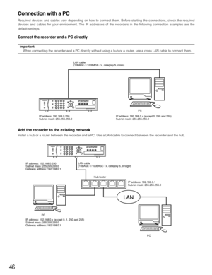 Page 4646
Connection with a PC
Required devices and cables vary depending on how to connect them. Before starting the connections, check the required
devices and cables for your environment. The IP addresses of the recorders in the following connection examples are the
default settings.
Connect the recorder and a PC directly
Important:
When connecting the recorder and a PC directly without using a hub or a router, use a cross LAN cable to connect them.
Add the recorder to the existing network
Install a hub or a...