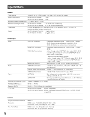 Page 7878
AUDIO IN connectors –10 dBv 51 kΩ, unbalanced, x16 (CH1 - 6: RCA, CH7 - 16,
D-SUB 25-pin) Audio
AUDIO OUT connector –10 dBv 1 kΩ, unbalanced, x 1 output (RCA) External AUDIO IN connector –52dBv 2.2 kΩ, unbalanced, x1 input (RCA)
ALARM IN Non-voltage make contact, pulse width 100 ms or more, 
x16 input (D-SUB, 25-pin) Alarm
ALARM OUT Normally open/Normally closed/Common, 1A 30 V DC max., 
4 each output (D-SUB, 25-pin)
10BASE-T/100BASE-TX x1 (RJ-45) Network (10/100BASE-T) port
RS485 x1 (RJ-11) RS485...