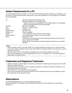 Page 55
System Requirements for a PC
It is recommended to install this software on a PC that meets the following system requirements. If installing on a PC
that does not meet the following system requirements, it may cause problems such as slow imaging or the software
becomes inoperable.
OS Microsoft
®Windows®XP Professional SP2*
Microsoft®Windows®XP Home Edition SP2*
*: Tested and confirmed full compatibility with the English edition. Full compatibility
with other language editions cannot be guaranteed....