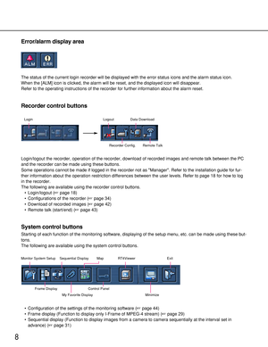 Page 88
Error/alarm display area
The status of the current login recorder will be displayed with the error status icons and the alarm status icon.
When the [ALM] icon is clicked, the alarm will be reset, and the displayed icon will disappear.
Refer to the operating instructions of the recorder for further information about the alarm reset.
Recorder control buttons
Login/logout the recorder, operation of the recorder, download of recorded images and remote talk between the PC
and the recorder can be made using...