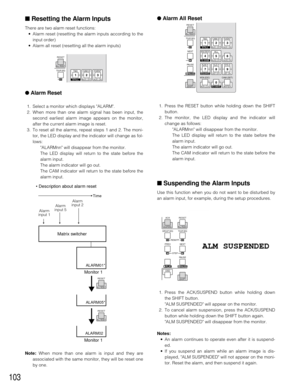 Page 101103
1. Press the RESET button while holding down the SHIFT
button.
2. The monitor, the LED display and the indicator will
change as follows:
ALARMnn will disappear from the monitor.
The LED display will return to the state before the
alarm input.
The alarm indicator will go out.
The CAM indicator will return to the state before the
alarm input.
■Suspending the Alarm Inputs
Use this function when you do not want to be disturbed by
an alarm input, for example, during the setup procedures.
1. Press the...