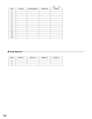 Page 140144
●Group Sequence
Step
1
2
3
4Camera Preset position Dwell time RemarkTour __ / 16
5
6
7
8
9
10
11
12
13
14
15
16
Group
1
2
3
4Monitor 1 Monitor 2 Monitor 3 Monitor 4 