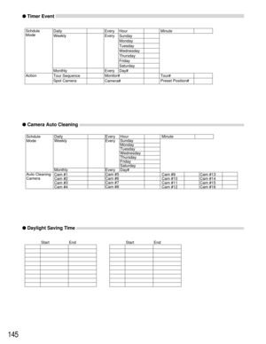 Page 141145
●Timer Event
Daily Every Hour Minute
Sunday
Monday
Tuesday
Wednesday
Thursday
Friday
Saturday
Monthly Every Day#
Tour Sequence Tour#
Spot Camera Preset Position#Every Schdule 
Mode
Weekly
Monitor#
Camera# Action
●Camera Auto Cleaning
●Daylight Saving Time
Daily Every Hour Minute
Sunday
Monday
Tuesday
Wednesday
Thursday
Friday
Saturday
Monthly Every Day#
Cam #1 Cam #9 Cam #13
Cam #2 Cam #10 Cam #14
Cam #3 Cam #11 Cam #15
Cam #4 Cam #12 Cam #16 Schdule 
Mode
Weekly
Cam #5 Auto Cleaning 
Camera
Cam #8...
