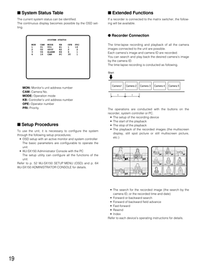Page 1819
■Extended Functions 
If a recorder is connected to the matrix switcher, the follow-
ing will be available.
●Recorder Connection
The time-lapse recording and playback of all the camera
images connected to the unit are possible.
Each cameras image and camera ID are recorded.
You can search and play back the desired cameras image
by the camera ID.
The time-lapse recording is conducted as following.
The operations are conducted with the buttons on the
recorder, system controller or PC.
•The setup of the...