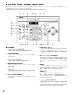 Page 2526
● Front View
@0Operation indicator (OPERATE)
Lights up when the controllers power is turned on.
@1Link indicator (LINK)
Lights up when communication is established with the
matrix switcher.
@2Alarm indicator (ALARM)
Lights up when an alarm condition exists.
@3Monitor indicator (MONITOR)
Lights up when the monitor number appears on the
LED display.
@4LED Display
Displays the monitor number, camera number, numeric
entry and error status, etc.
@5Camera indicator (CAMERA)
Lights up when the camera number...