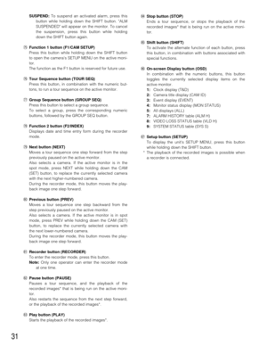 Page 3031
SUSPEND:To suspend an activated alarm, press this
button while holding down the SHIFT button. ALM
SUSPENDED will appear on the monitor. To cancel
the suspension, press this button while holding
down the SHIFT button again.
&5Function 1 button (F1/CAM SETUP)
Press this button while holding down the SHIFT button
to open the cameras SETUP MENU on the active moni-
tor.
The function as the F1 button is reserved for future use.
&6Tour Sequence button (TOUR SEQ)
Press this button, in combination with the...