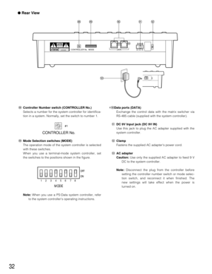 Page 3132
DC 9V INDATA MODE
RISK OF ELECTRIC SHOCK. DO  NOT OPENRISQUE DE CHOCS ELECTROUES
NE PAS OUVRIR
0987654321
(1(2(0
CONTROLLER No.
*9
*8
*8Controller Number switch (CONTROLLER No.)
Selects a number for the system controller for identifica-
tion in a system. Normally, set the switch to number 1.
*9Mode Selection switches (MODE)
The operation mode of the system controller is selected
with these switches.
When you use a terminal-mode system controller, set
the switches to the positions shown in the figure....