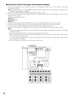 Page 4445
■Connection with the Time-lapse VCR (Panasonic Models)
1. Configure the parameters of the multiplexer functions in the Multiplexer Mode (refer to p. 82) window of WJ-SX150
Administrator Console.
Note:When VCR is selected in 610 RECORDER CONTROL in SETUP MENU (refer to p. 60), parameter configuration in the
Multiplexer Mode window is unavailable.
2. Select VCR for 610 RECORDER CONTROL in SETUP MENU. (Refer to p. 60.)
3. Conform the communication speed (COMM. SPEED) for 750 SERIAL PORT SPEED in SETUP...