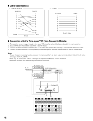 Page 4546
■Connection with the Time-lapse VCR (Non-Panasonic Models)
1. To record the camera images through a time-lapse VCR, install an optional Multiplexer board in the matrix switcher.
2. Select OFF for 610 RECORDER CONTROL in SETUP MENU.
3. Connect the matrix switcher’s EXT OUT (REC OUT) to the time-lapse VCR’s video input connector with the coaxial cable.
4. Connect the matrix switcher’s EXT IN (PLAY IN) to the time-lapse VCR’s video output connector with the coaxial cable.
Notes:
•To use the alarm...