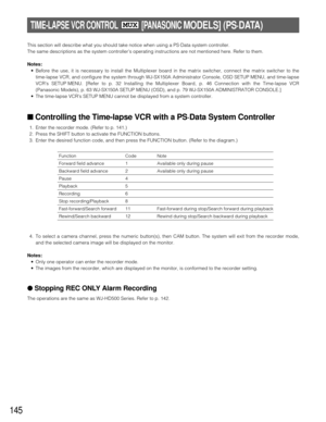 Page 141145
This section will describe what you should take notice when using a PS·Data system controller.
The same descriptions as the system controller’s operating instructions are not mentioned here. Refer to them.
Notes:
•Before the use, it is necessary to install the Multiplexer board in the matrix switcher, connect the matrix switcher to the
time-lapse VCR, and configure the system through WJ-SX150A Administrator Console, OSD SETUP MENU, and time-lapse
VCRs SETUP MENU. [Refer to p. 32 Installing the...