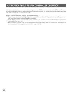 Page 2122
In the factory default setting, you can control the unit, if you connect a PS·Data system controller to the DATA 4 port. For exam-
ple, if you connect a PS·Data unit supporting network connections (refer to p. 42), remote-control of the unit and the PS·Data
units will be available with a system controller or PC. 
When you use a PS·Data system controller, take notice the following:
•The administer authorization and log-in/log-out procedure differs from the unit. They are conformed to the system con-...