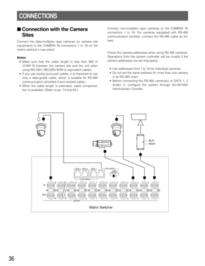 Page 3436
Connect non-multiplex type cameras to the CAMERA IN
connectors 1 to 16. For cameras equipped with RS-485
communication facilities, connect the RS-485 cable as fol-
lows.
Check the camera addresses when using RS-485 cameras.
Operations from the system controller will be invalid if the
camera addresses are set improperly.
•Use addresses from 1 to 16 for individual cameras.
•Do not set the same address for more than one camera
in an RS-485 chain.
•Before connecting the RS-485 camera(s) to DATA 1, 2...