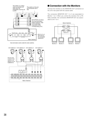 Page 3638
■ Connection with the Monitors
Connect the monitors to the MONITOR OUT connectors at
the units rear panel with the coaxial cable.
The connectors MONITOR OUT 1 to 4 are associated to
Monitor 1 to 4. When you control the monitors from a PS·
Data controller, the connectors MONITOR OUT are associ-
ated to Unit 1 to 4.
Martix Switcher
Monitor 1 Monitor 2 Monitor 4 Monitor 3
2 14
3MONITOR OUT
(A)(B)GND
OFF ON(A)(B)GND
OFF ON
WV-CPR450 and others
Set it to 2 or 4
(the same as
the connected
equipment).
The...