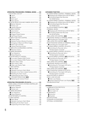 Page 55
OPERATING PROCEDURES (TERMINAL MODE)  ......103
LOG-IN AND LOG-OUT  ..............................................104
■Log-in ...................................................................104
■Log-out ................................................................105
■Auto Log-in  ..........................................................105
■Auto Log-out  ........................................................105
MONITOR SELECTION AND CAMERA SELECTION  ..106
■Monitor Selection...