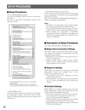 Page 5861
SETUP PROCEDURES
■Setup Procedures
This unit has two setting procedures.
The one is SETUP MENU, which is the units on-screen dis-
play (OSD).
The other is WJ-SX150A Administrator Console, which
operates on the PC.
•SETUP MENU (OSD)
The basic functions, which are essential for the operation,
are configurable. However, some items are not config-
urable. The settings about group sequences, operators and
schedules, etc.•WJ-SX150A Administrator Console (PC)
All the functions of this unit (except camera...