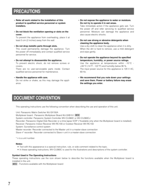 Page 77
PRECAUTIONS
DOCUMENT CONVENTION
•Refer all work related to the installation of this
product to qualified service personnel or system
installers.
•Do not block the ventilation opening or slots on the
cover.
To prevent the appliance from overheating, place it at
least 5 cm (2 inches) away from the wall.
•Do not drop metallic parts through slots.
This could permanently damage the appliance. Turn
the power off immediately and contact qualified service
personnel for service.
•Do not attempt to disassemble...