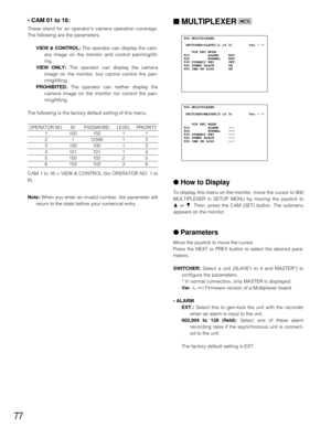 Page 7477
■MULTIPLEXER
●How to Display
To display this menu on the monitor, move the cursor to 900
MULTIPLEXER in SETUP MENU by moving the joystick to
Dor C. Then, press the CAM (SET) button. The submenu
appears on the monitor.
●Parameters
Move the joystick to move the cursor.
Press the NEXT or PREV button to select the desired para-
meters.
SWITCHER:Select a unit (SLAVE1 to 4 and MASTER*) to
configure the parameters.
* In normal connection, only MASTER is displayed.
Ver. ∗. ∗∗:Firmware version of a Multiplexer...