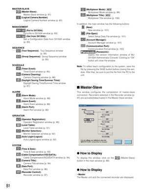 Page 7881
(Multiplexer Mode): 
Multiplexer Mode window (p. 98)
(Multiplexer Title): 
Multiplexer Title window (p. 100)
In addition, the main window has the following buttons.
(New):
New window (p. 101)
(File Open):
Select Setup Data File window (p. 101)
(Account Manager):
Account Manager window (p. 101)
(Communication Port):
Communication Port window (p. 102)
(Panasonic):
Opens the version information window of WJ-
SX150A Administrator Console. Clicking on OK
button will close the window.
Note:To reflect each...