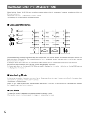 Page 9MATRIX SWITCHER SYSTEM DESCRIPTIONS
10
Matrix Switcher System WJ-SX150A is a surveillance control system, which is composed of cameras, recorders, and this unit
(the matrix switcher).
This system has various functions for surveillance control.
The following are the descriptions about the functions.
■Crosspoint Switches
All matrix switchers, no matter how complicated and sophisticated they may be, depend on crosspoint switches to perform the
basic operations of the switcher. The crosspoint switches from a...