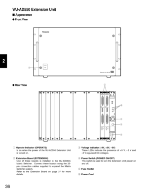 Page 3436
2
OPERATE
Extension Unit  WJ-AD550
q
WJ-AD550 Extension Unit
Appearance
Front View
OFF
+9V+5V−5V
POWER
ON
11A00001
Extension
1
2
WJ-SX550A
Extension
1
2
DATA
ADDRESS12345678
ON OFFDATA
ADDRESS12345678
ON OFF
WJ-AD550WJ-SX550AWJ-AD550
w
e
r
t
y
Rear View
qOperate Indicator (OPERATE)
Is on when the power of the WJ-AD550 Extension Unit
is turned on.
wExtension Board (EXTENSION)
One of these boards is installed in the WJ-SX550C
Matrix Switcher.  Connect these boards using the 25-
pin connection cables...