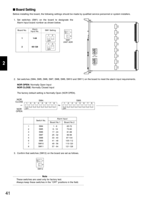 Page 3941
2
SW1 Setting
1. Set switches (SW1) on the board to designate the
Alarm Input board number as shown below.
1
12OFF
SW1
12OFF
SW12 UNIT ADR
SW4
2SW5
3SW6
4SW7
5SW8
6SW9
7SW10
8SW11
2. Set switches (SW4, SW5, SW6, SW7, SW8, SW9, SW10 and SW11) on the board to meet the alarm input requirements.
NOR OPEN:Normally Open Input
NOR CLOSE:Normally Closed Input
The factory default setting is Normally Open (NOR OPEN).
Board No.
12
OFF
12
OFF
1
21-64
65-128Alarm
Input No.
1
2
OFF
SW1
UNIT ADR
65-72
73-80
81-88...