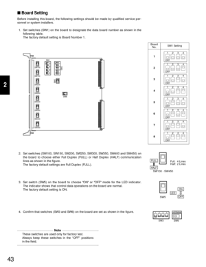 Page 4143
2
SW1 Setting
These switches are used only for factory test.
Always keep these switches in the “OFF” positions
in the field.
Board Setting
Before installing this board, the following settings should be made by qualified service per-
sonnel or system installers.
1. Set switches (SW1) on the board to designate the data board number as shown in the
following table.
The factory default setting is Board Number 1.
1234OFFSW11234OFF
SW3SW100
SW150
SW200
SW250
SW300
SW350
SW400
SW450
SW5
SW6
Board
No.
1234...