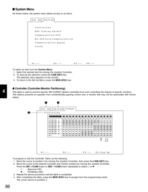 Page 82System Menu
As shown below, the system menu allows access to six items.
To select an item from the System Menu:
1. Select the desired item by moving the Joystick Controller.
2. To execute the selection, press the CAM (SET)key.
The selected menu appears on the monitor.
3. To return to the Set Up Menu, press the MON (ESC)key.
Controller (Controller-Monitor Partitioning)
This table is used to prevent specific WV-CU550C System controllers from ever controlling the outputs of specific monitors.
This feature...