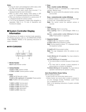 Page 1414
Notes:
• During the alarm acknowledgement (ACK) status (refer
to p. 68), event information is highlighted.
• When two or more alarm events have occurred, ∗ is
displayed beside the event information.
• When an alarm whose display mode setting is OFF
occurs, # is displayed beside the event information.
• When auto tracking is scheduled for a camera event, #
is displayed beside the camera number.
•qto rcan be displayed or hidden either altogether or
separately. Refer to p. 73 Lists of Operations and...