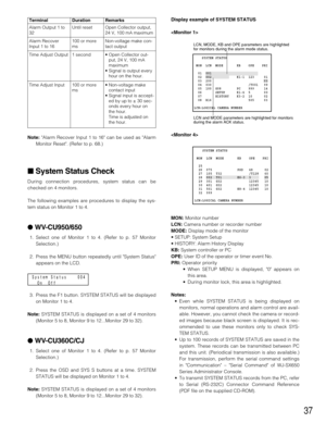 Page 37Time Adjust Input Time Adjust Output
37
Terminal Duration Remarks
Alarm Output 1 to
32Until reset Open Collector output,
24 V, 100 mA maximum
Alarm Recover
Input 1 to 16100 or more
msNon-voltage make con-
tact output
1 second• Open Collector out-
put, 24 V, 100 mA
maximum
• Signal is output every
hour on the hour.
100 or more
ms• Non-voltage make
contact input
• Signal input is accept-
ed by up to ± 30 sec-
onds every hour on
the hour.
Time is adjusted on
the hour.
Note:Alarm Recover Input 1 to 16 can be...