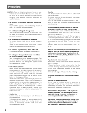 Page 66
Precautions
CAUTION:These servicing instructions are for use by qual-
ified service personnel only. To reduce the risk of elec-
tric shock do not perform any servicing other than that
contained in the operating instructions unless you are
qualified to do so.
• Do not block the ventilation opening or slots on the
cover.
To prevent the apparatus from overheating, place it at
least 5 cm {2 inches} away from the wall.
• Do not drop metallic parts through slots.
This could permanently damage the apparatus....