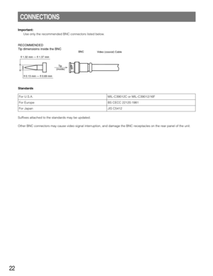 Page 2222
CONNECTIONS
Important:
Use only the recommended BNC connectors listed below.
Standards
Suffixes attached to the standards may be updated.
Other BNC connectors may cause video signal interruption, and damage the BNC receptacles on the rear panel of the unit.
ﬂ 1.32 mm — ﬂ 1.37 mm
ﬂ 0.13 mm — ﬂ 0.69 mm
RECOMMENDED
Tip dimensioins inside the BNC
 BNC
Tip 
(inside) Video (coaxial) Cable
For U.S.A.
For Europe
For JapanMIL-C39012C or MIL-C39012/16F
BS CECC 22120:1981
JIS C5412 