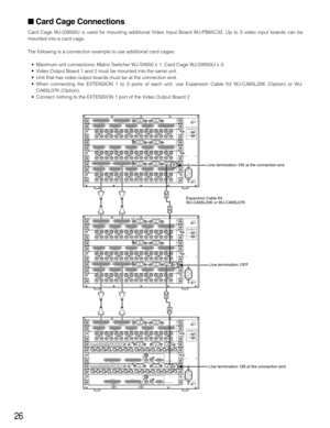 Page 2626
Card Cage Connections
Card Cage WJ-SX650U is used for mounting additional Video Input Board WJ-PB65C32. Up to 3 video input boards can be
mounted into a card cage.
The following is a connection example to use additional card cages.
•Maximum unit connections: Matrix Switcher WJ-SX650 x 1, Card Cage WJ-SX650U x 3.
•Video Output Board 1 and 2 must be mounted into the same unit.
•Unit that has video output boards must be at the connection end.
•When connecting the EXTENSION 1 to 3 ports of each unit, use...