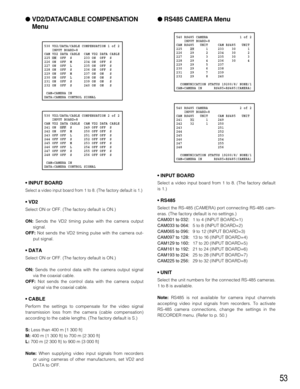 Page 5353
VD2/DATA/CABLE COMPENSATION
Menu
• INPUT BOARD
Select a video input board from 1 to 8. (The factory default is 1.)
• VD2
Select ON or OFF. (The factory default is ON.)
ON:Sends the VD2 timing pulse with the camera output
signal.
OFF:Not sends the VD2 timing pulse with the camera out-
put signal.
• DATA
Select ON or OFF. (The factory default is ON.)
ON:Sends the control data with the camera output signal
via the coaxial cable.
OFF:Not sends the control data with the camera output
signal via the...