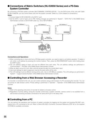 Page 8686
Connections of Matrix Switchers (WJ-SX650 Series) and a PS·Data
System Controller
By connecting a PS·Data system controller (WV-CU950/650, CONTROLLER NO.: 1) to the DATA ports of the units with Cable
Kit WV-CA48/10K, you can control these units from the system controller. (Refer to p. 35 for details on connections.)
Notes:
•Connect Cable Kit WV-CA48/10K to the DATA 1 port.
•Set the DATA 1 port of each unit to PSD. Setting changes are performed in System – DATA Port of WJ-SX650 Series
Administrator...