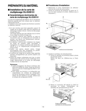 Page 13-13-
PRÉPARATIFS DU MATÉRIEL
■Installation de la carte de
multiplexage WJ-SXB151
●Caractéristiques dominantes de
carte de multiplexage WJ-SXB151
La carte de multiplexage WJ-SXB151 est un accessoire
optionnel spécifié pour être utilisée avec le sélecteur
matriciel WJ-SX150.
Linstallation de la carte ajoutera les fonctions suivantes
au sélecteur matriciel.
•Un seul moniteur peut faire apparaître jusquà 16
images de la caméra vidéo dans les segments de
découpage multiple décran. (Sortie de découpage...