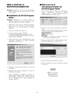 Page 16-16-
MISE À JOUR DE LA
MICROPROGRAMMATION
Remarque:Confirmez la version de la microprogram-
mation. (Référez-vous au mode demploi du sélec-
teur matriciel.)
■Installation de SX150 Program
Writer
Remarque:Référez-vous au mode demploi du
sélecteur matriciel en ce qui concerne la plate-
forme nécessaire pour effectuer linstallation.
1. Raccordez le port sériel du sélecteur matriciel à
celui du PC avec le câble à 9 broches D-Sub.
(Référez-vous au mode demploi du sélecteur
matriciel.)
2. Insérez le CD-ROM...