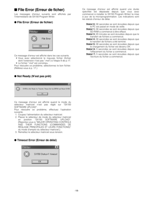 Page 18-18-
■File Error (Erreur de ficher)
Les messages derreur suivants sont affichés par
lintermédiaire de SX150 Program Writer.
●File Error (Erreur de fichier)
Ce message derreur est affiché dans les cas suivants.
•Vous avez sélectionné le mauvais fichier (fichier
dont lextension nest pas .mot) à létape 9 de p.17.
•Le fichier .mot est corrompu.
Pour résoudre ce problème, sélectionnez le bon fichier.
(Référez-vous à p. 17.)
●Not Ready (N’est pas prêt)
Ce message derreur est affiché quand le mode du
sélecteur...