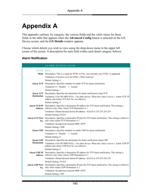 Page 144Appendix A 
 
 
140 
Appendix A 
 
This appendix outlines, by category, the various fields and the valid values for those 
fields in the table that appears when the Advanced Config button is selected on the GX 
Device screen, and the GX Details window appears. 
 
Choose which details you wish to view using the drop-down menu in the upper left 
corner of the screen. A description for each field within each detail category follows. 
 
Alarm Notification 
 
 ALARM NOTIFICATION 
Field Data 
Mode Description:...