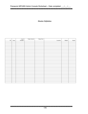 Page 182Panasonic MPU955 Admin Console Worksheet -- Date completed ___/___/___ 
 
 
178   
 
 
 
 
 
 
 
 
 
 
 Monitor Definition 
 
ID  
Area Local 
Number Video Switch  Video Port
Location 
Model Serial
                                                                                                                                                                                                                                                 