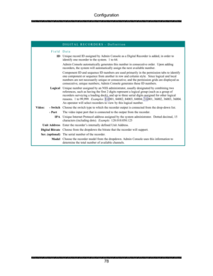 Page 82Configuration 
 
 
78  
 
 DIGITAL RECORDERS - Definition 
Field Data 
ID Unique record ID assigned by Admin Console as a Digital Recorder is added, in order to 
identify one recorder to the system.  1 to 64. 
Admin Console automatically generates this number in consecutive order.  Upon adding 
recorders, the system will automatically assign the next available number. 
Component ID and sequence ID numbers are used primarily in the permission tabs to identify 
one component or sequence from another in row...