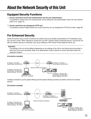 Page 1313
Equipped Security Functions
qAccess restrictions by the host authentication and the user authentication
It is possible to restrict users from accessing this unit by setting the host authentication and/or the user authenti-
cation to on. (page 75)
wAccess restrictions by changing the HTTP port
It is possible to prevent illegal access such as port scanning, etc. by changing the HTTP port number. (page 65)
For Enhanced Security
Divide the subnet using a router to enhance the network security by double...