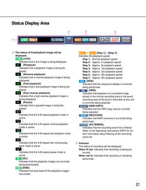 Page 2121
Status Display Area
wer
q
qThe status of live/playback image will be
displayed.
(LIVE]:
Indicates that a live image is being displayed.
(Playback):
Indicates that a playback image is being dis-
played.
(Reverse playback):
Indicates that a reverse playback image is being
displayed.
(Fast playback):
Indicates that a fast playback image is being dis-
played.
(Fast reverse playback):
Indicates that a fast reverse playback image is
being displayed.
(Pause):
Indicates that a paused image is being dis-...