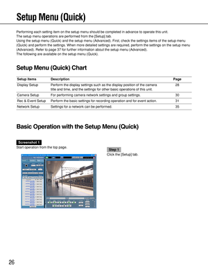 Page 2626
Setup items
Display Setup
Camera Setup
Rec & Event Setup
Network SetupDescription
Perform the display settings such as the display position of the camera
title and time, and the settings for other basic operations of this unit.
For performing camera network settings and group settings. 
Perform the basic settings for recording operation and for event action.
Settings for a network can be performed.Page
28
30
31
35
Setup Menu (Quick)
Performing each setting item on the setup menu should be completed in...