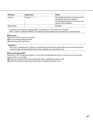 Page 4747
Program
Special DaysProgram 1 - 4 The settings performed on the setup menu
(Advanced) will not be validated.
The settings performed on the setup menu
(Quick) will be validated. *
Disabled Submenu Setup items Status
* To perform the schedule recording, perform the settings for Time Table and Program.
•When QUICK is selected, MPEG-4 live image will not be displayed and recording will not be performed. 
Recording
Select ON or OFF to record or not record.
OFF:No recording will be performed.
ON:Recording...