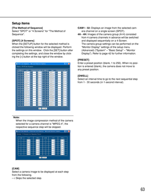 Page 6363
Setup items
[The Method of Sequence]
Select SPOT or 4 Screens for The Method of
Sequence.
[SPOT] [4 Screens]
When the [SETUP] button for the selected method is
clicked the following window will be displayed. Perform
the settings on this window.  Click the [SET] button after
completing the settings, and close the window by click-
ing the [×] button at the top right of the window.
Note:
When the image compression method of the camera
selected for a camera channel is MPEG-4, the
respective sequence step...