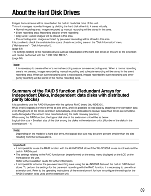 Page 8989
About the Hard Disk Drives
Images from cameras will be recorded on the built-in hard disk drive of this unit.
This unit manages recorded images by dividing the hard disk drive into 4 areas virtually.
•Normal recording area: Images recorded by manual recording will be stored in this area.
•Event recording area: Recording area for event recording
•Copy area: Copied images will be stored in this area.
•Pre-recording area: Images recorded by pre-event recording will be stored in this area.
It is possible...