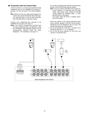 Page 17-15-
CAMERA
IN
CAMERA
OUT  16 15 14 13 5 4 3 2 1
16 15 14 13 5 4 3 2 1
A    B
TA    B
RG
N
DG
N
D
RS485
AUXAlarm
Video Multiplexer WJ-FS616
Connection with the Camera Sites
Connect cameras (or camera site equipment) data
multiplexed type to the CAMERA IN connectors 1
through 4 on the rear panel of the Video Multiplex-
er.
Note:Make sure that the cable length between the
camera site and the WJ-FS616 Video Multi-plex-
er is less than 900 m (3 000 ft) when using RG-
59/U, BELDEN 9259 or equivalent cables....
